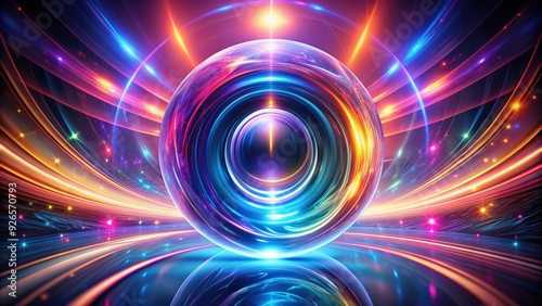 Vivid abstract background with swirl trail effect frame, mystical portal, bright sphere lens