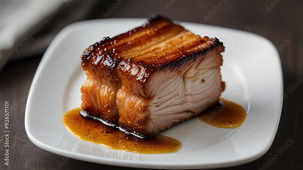 Roast Pork Belly served on a pristine white plate isolated on a white background Roast Pork Belly served on a pristine white plate isolated on a white background