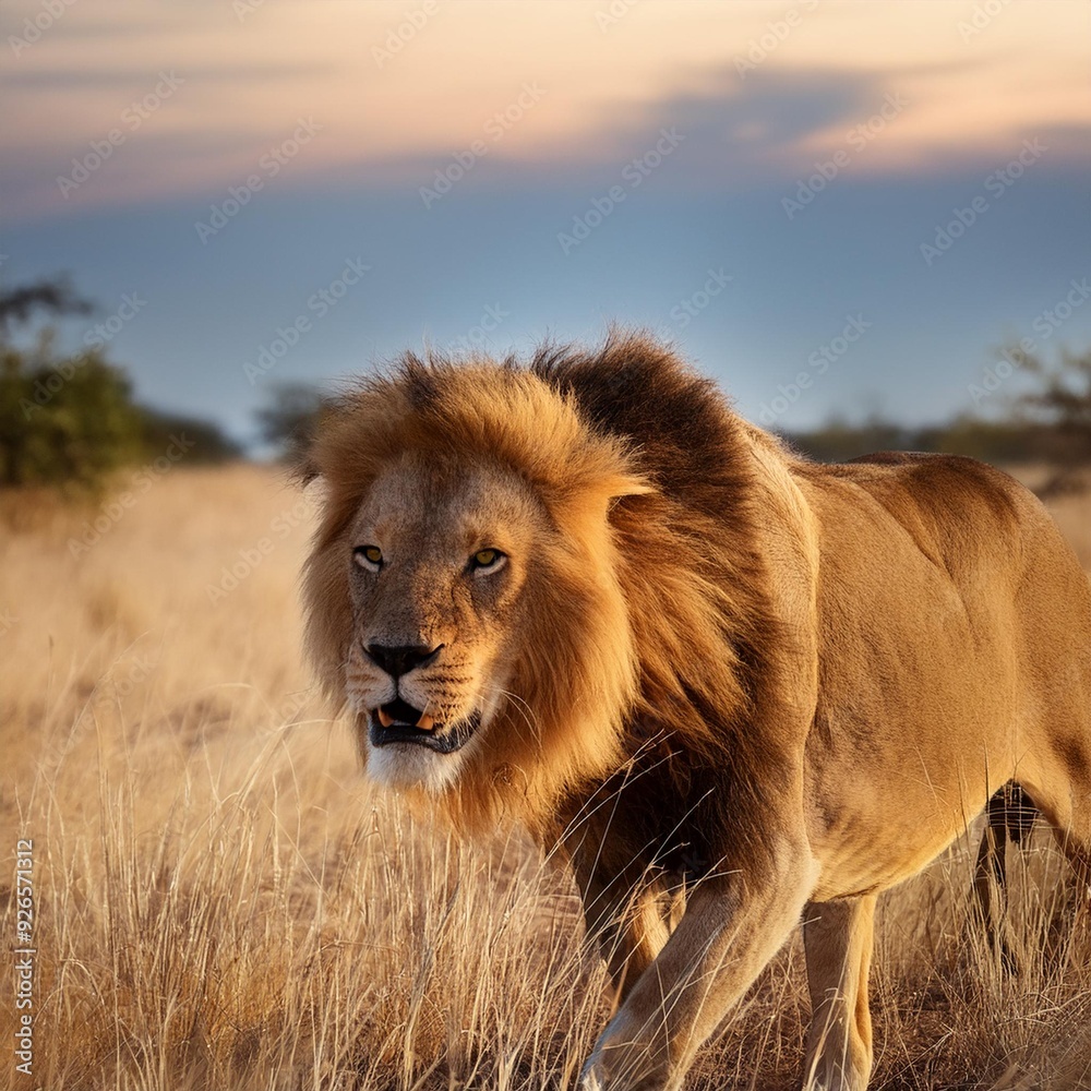 A male lion stalks its prey in the Sabi Sand Game Reserve, South Africa. A male lion stalks its prey in the Sabi Sand Game Reserve, South Africa.
