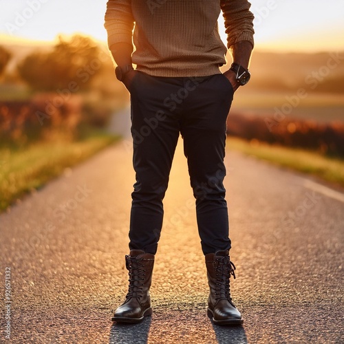 A man stood on a paved road, dressed in black trousers and leather boots. The afternoon sun cast its light upon him.