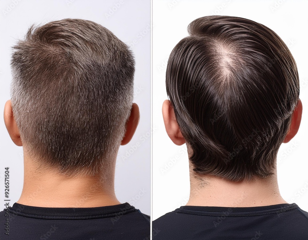 A man with hair loss before and after treatment, on white background. He visited a trichologist. A man with hair loss before and after treatment, on white background. He visited a trichologist.