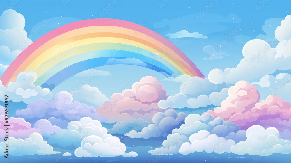 Cloudy sky background with rainbow, flat design, top view, serene theme, cartoon drawing, vivid Cloudy sky background with rainbow, flat design, top view, serene theme, cartoon drawing, vivid