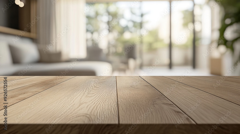 Wooden tabletop in sharp focus with a blurred, cozy interior of a modern home in the background. Light and airy ambiance. Wooden tabletop in sharp focus with a blurred, cozy interior of a modern home in the background. Light and airy ambiance.