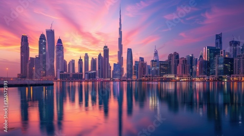 A dynamic cityscape at dusk with the sky painted in shades of pink and purple, skyscrapers reflecting the colors, and city lights beginning to twinkle, showcasing the beauty of an urban sunset