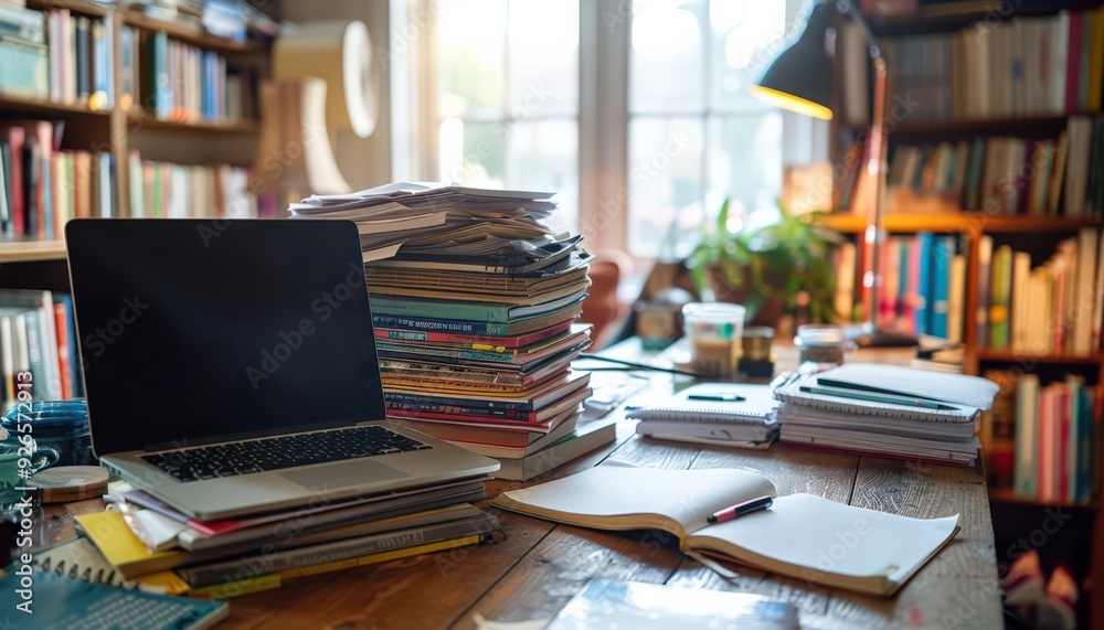Cozy Home Office with Books, Laptop, and Notebooks on Wooden Desk in Sunlit Room Cozy Home Office with Books, Laptop, and Notebooks on Wooden Desk in Sunlit Room