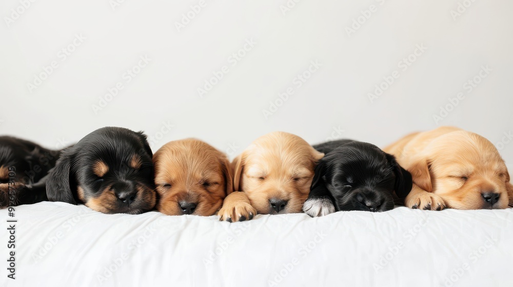 A cute background featuring playful puppies on a white backdrop, some wagging their tails and others snoozing adorably, creating a heartwarming and cheerful scene A cute background featuring playful puppies on a white backdrop, some wagging their tails and others snoozing adorably, creating a heartwarming and cheerful scene