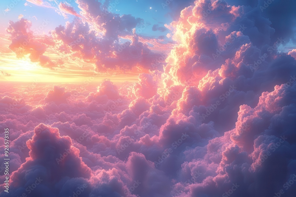 ethereal anime skyscape billowing clouds in shades of pink and lavender golden sunlight filtering through creating a magical and serene atmosphere ethereal anime skyscape billowing clouds in shades of pink and lavender golden sunlight filtering through creating a magical and serene atmosphere
