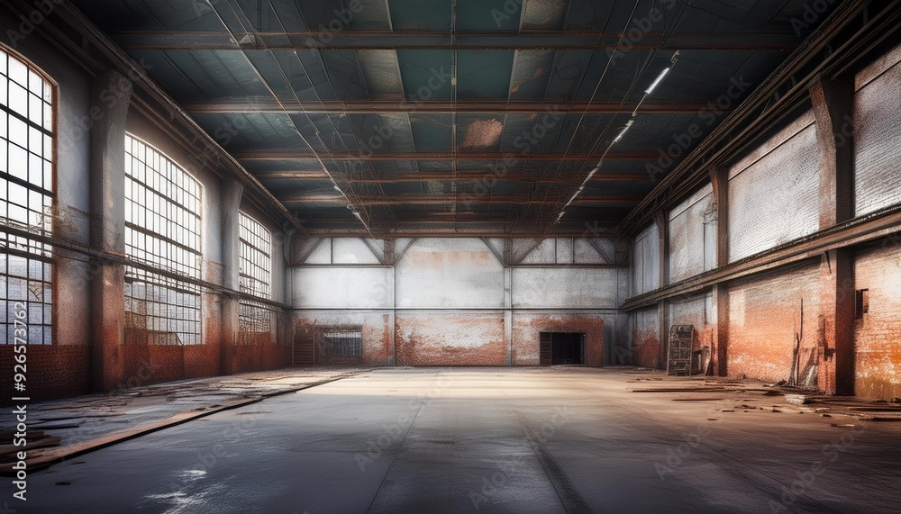 Abandoned Industrial Warehouse A Grunge Interior of a Dark, Empty Factory with Dirty White Brick Walls, Vintage Metal, and Rusty Steel, creating a Creepy and Large Space. Abandoned Industrial Warehouse A Grunge Interior of a Dark, Empty Factory with Dirty White Brick Walls, Vintage Metal, and Rusty Steel, creating a Creepy and Large Space.