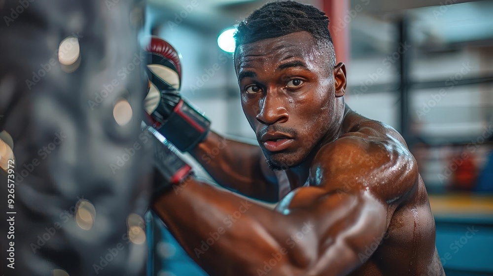 A sportsman training with a punching bag, emphasizing power and technique (close up, boxing theme, realistic, manipulation, gym backdrop) A sportsman training with a punching bag, emphasizing power and technique (close up, boxing theme, realistic, manipulation, gym backdrop)