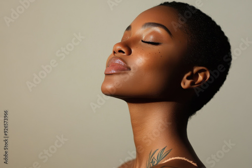 A close up of a tattooed black woman's face with her eyes closed