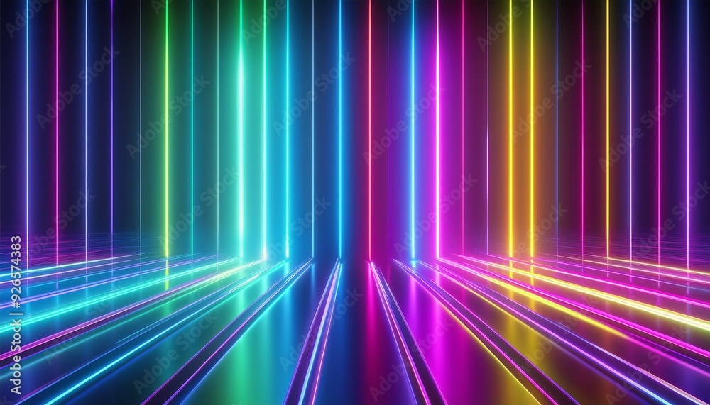 Abstract neon background with colorful beams of light. Futuristic studio concept with bright laser animation and reflective floor. Seamless loop. Abstract neon background with colorful beams of light. Futuristic studio concept with bright laser animation and reflective floor. Seamless loop.