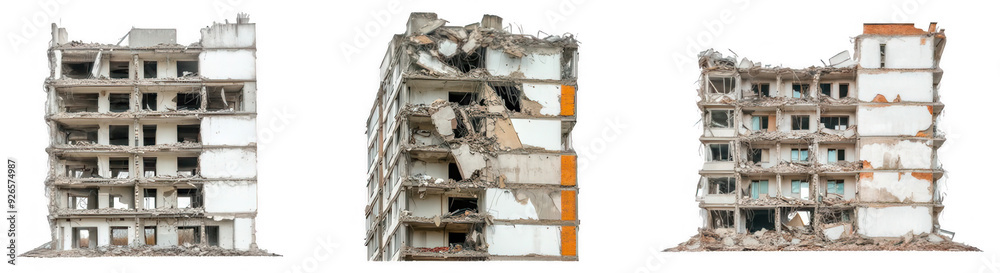 Partially Demolished Buildings in Urban Area on white or transparent background cutout. Partially Demolished Buildings in Urban Area on white or transparent background cutout.