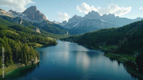 An aerial shot of Lago Antorno, with its pristine waters and dramatic mountain backdrop, showcasing the picturesque beauty of the Dolomites.