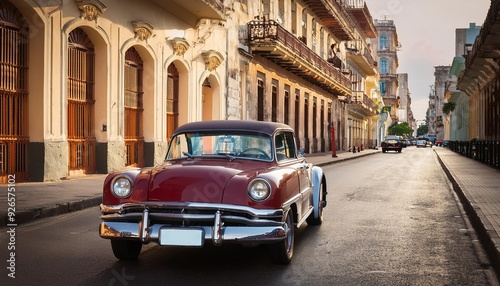 An antique American car drives along the historic streets of Havana, Cuba. photo