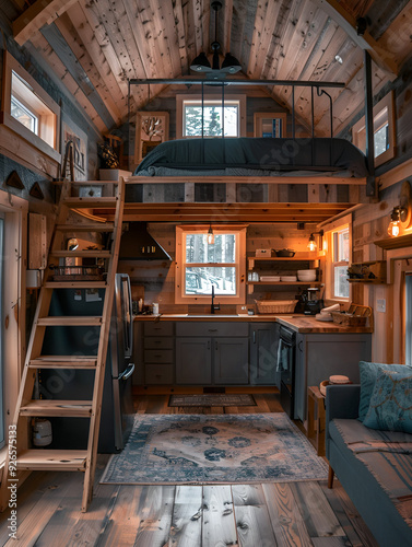 extreme wide shot in a tiny house interior with gorgeous architecture design style with kitchen, a loft with stairs, railings and a bed, real photo