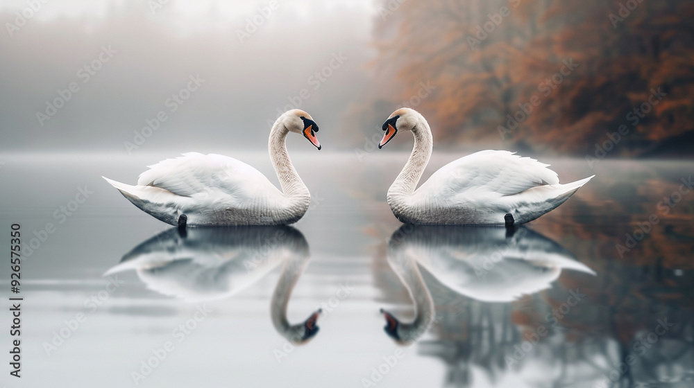 Obraz premium Two swans, reflections in the water