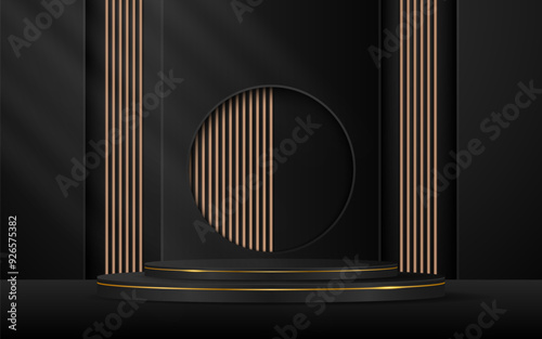 Black podium with elegant golden lines with brown slatted backdrop for advertisement display. Display of cosmetic products. stage or podium. vector illustration