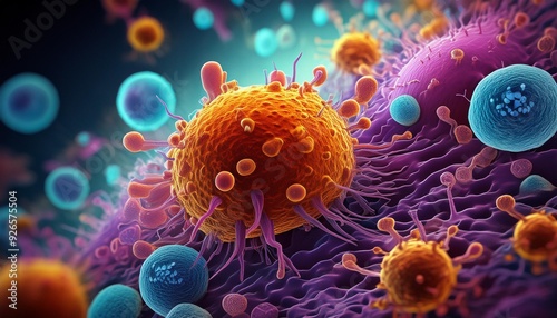 An image showing a magnified view of cells infected with a virus, rendered in high resolution.