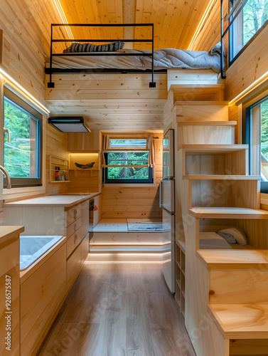 extreme wide shot in a tiny house interior with gorgeous architecture design style with kitchen, a loft with stairs, railings and a bed