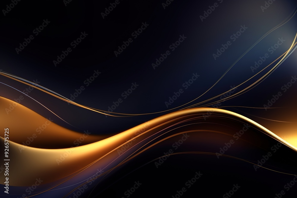 Naklejka premium Abstract black background with a golden wave and lines.