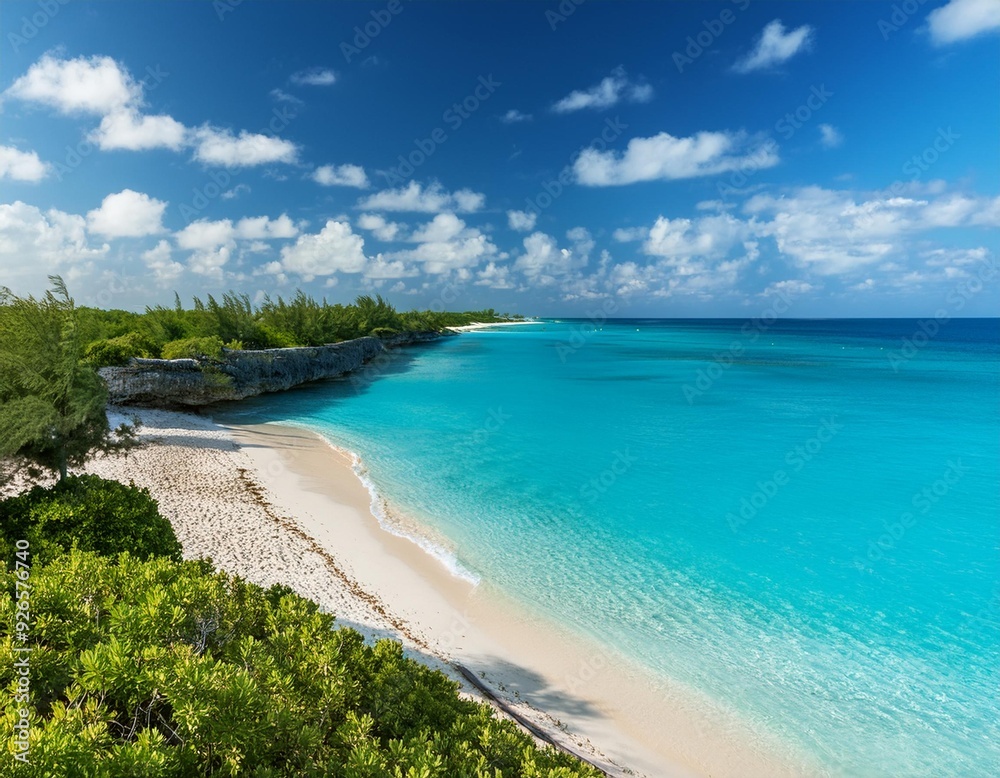 Fototapeta premium Beautiful Nassau beach with clear blue waters and lush green surroundings.