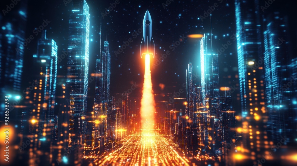 Business startup success visualized with a futuristic rocket soaring high above modern cityscape. Bright lights reflecting a journey toward growth and innovation.