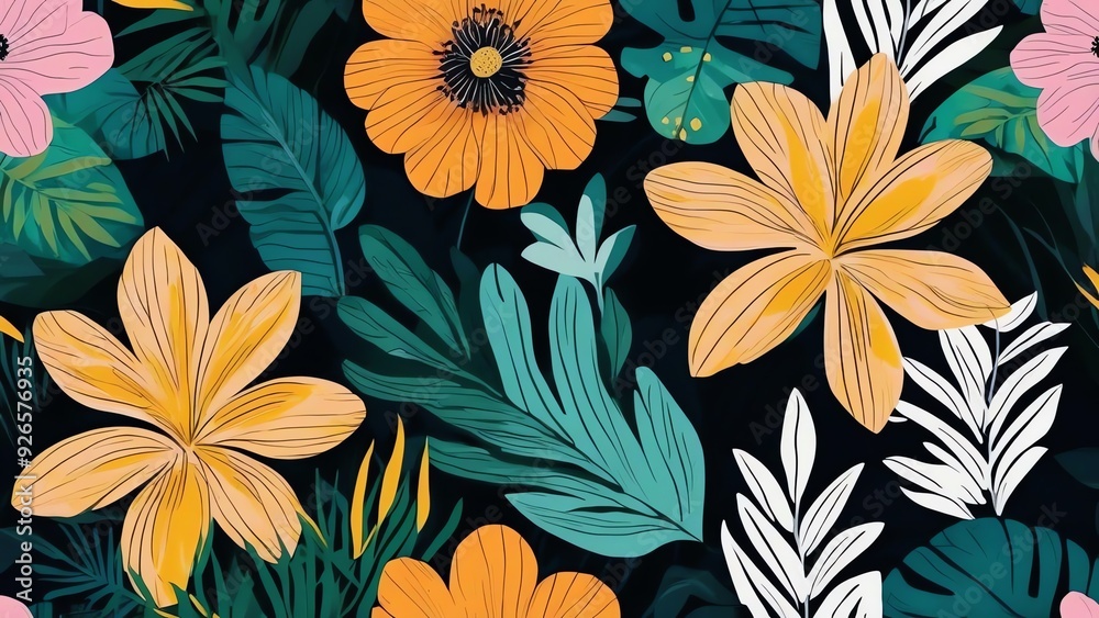 Vector artwork of a modern exotic jungle flower and leaf. Vector artwork of a modern exotic jungle flower and leaf.
