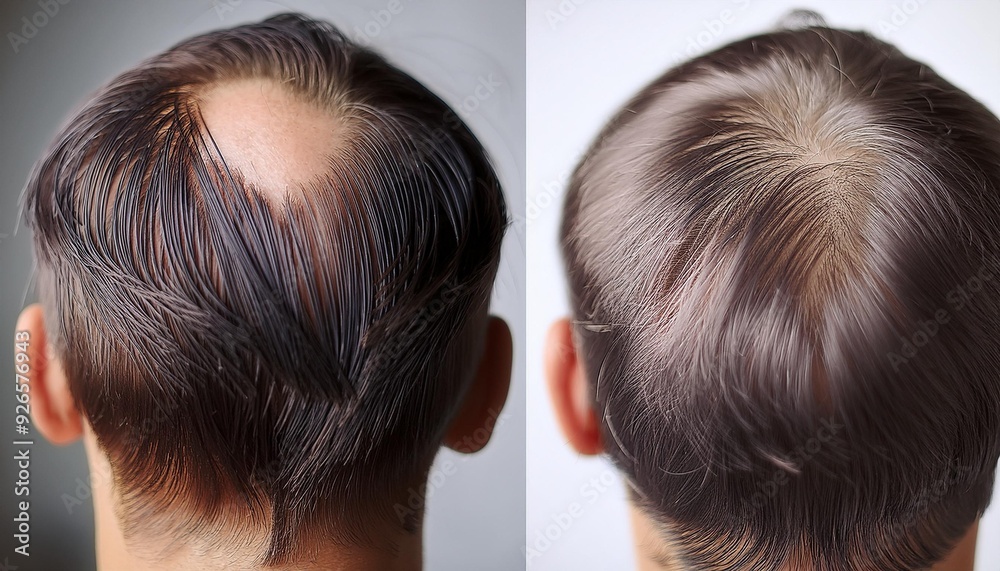 Before and after photos of a man's scalp show how hair loss treatment helped prevent balding. Before and after photos of a man's scalp show how hair loss treatment helped prevent balding.