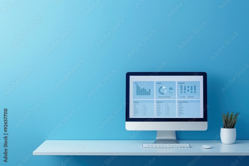 A sophisticated dashboard displaying analytics and charts sits on a minimalist desk against a calming blue wall.