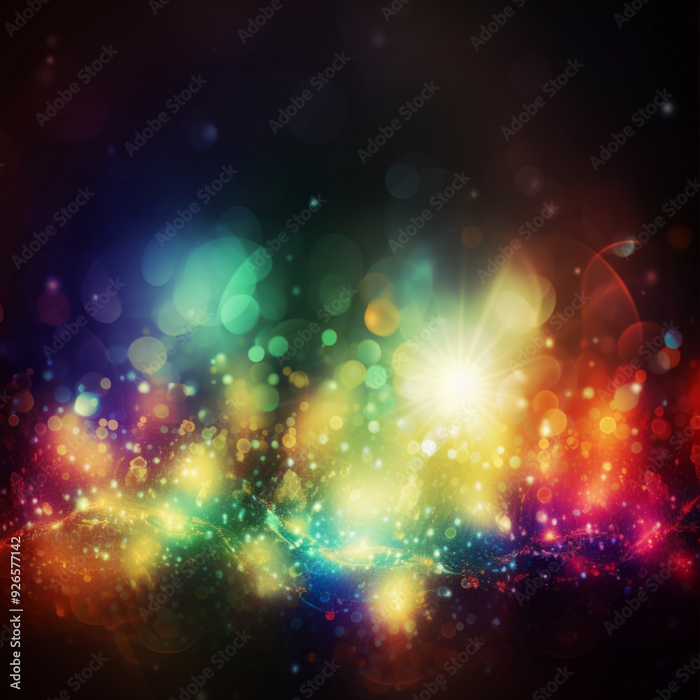 Obraz premium Vibrant Abstract Geometric Light Background with Multicolored Bokeh Effects, Illuminated Shapes, and Glowing Particles on a Dark Gradient Background for Creative Designs and Artistic Projects