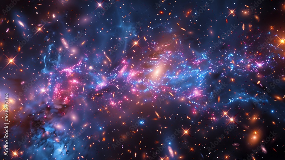 Fototapeta premium A galactic cluster with galaxies of unique characteristics and vibrant colors, viewed from a distant star, dynamic and grand, showcasing the vastness and beauty of this cosmic scene. --ar 16:9 --v 6.