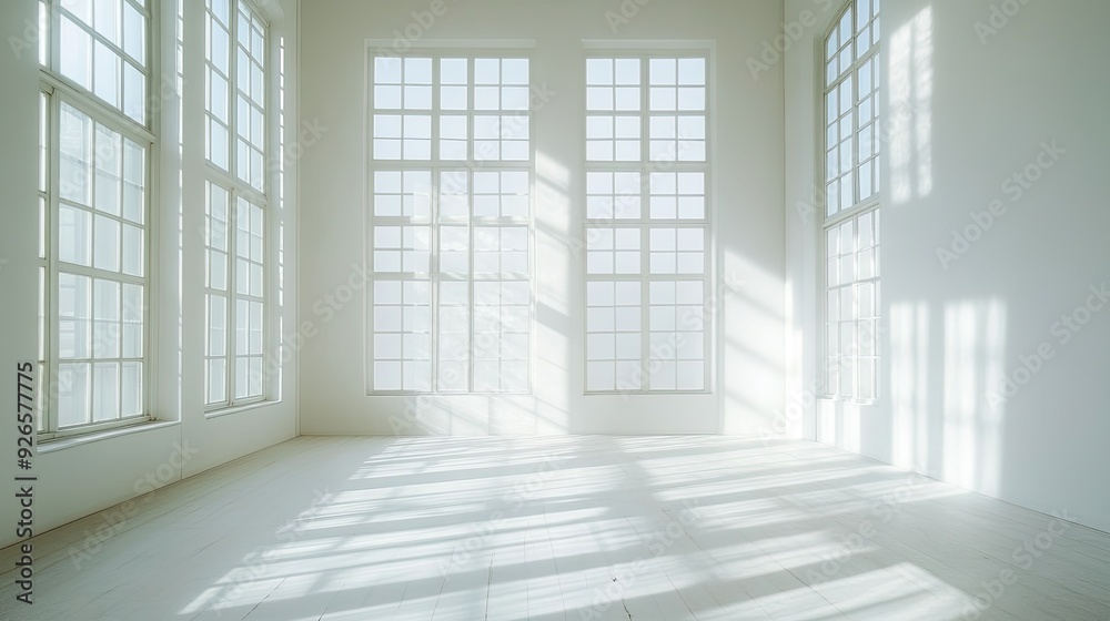 Fototapeta premium An empty room with clean white walls and large windows that flood the space with sunlight, casting gentle shadows.