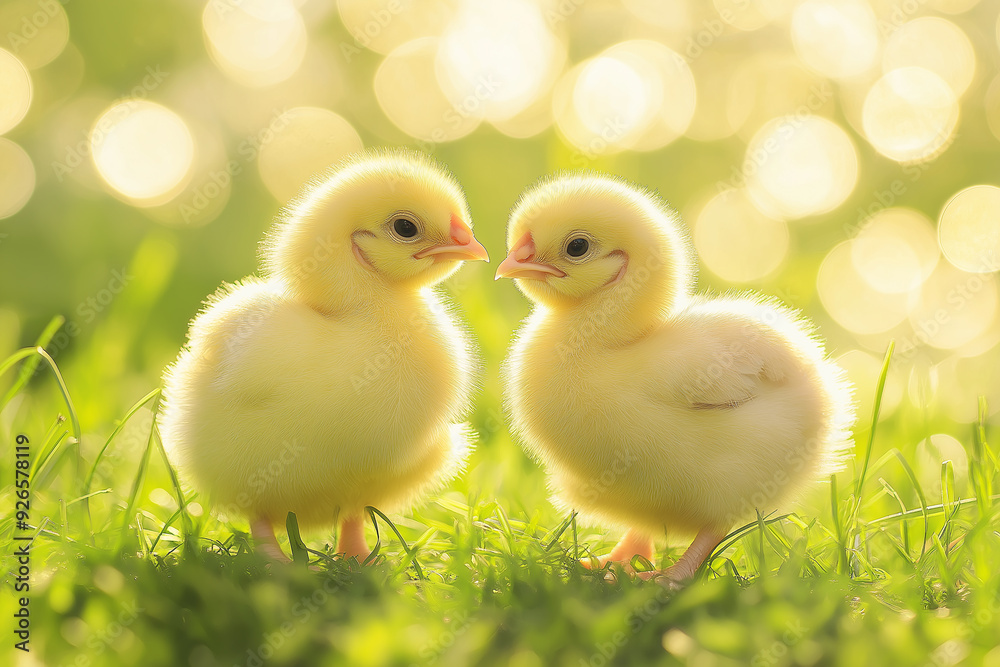 Two fluffy yellow chicks standing on a grassy field with a golden bokeh background, evoking feelings of spring and new beginnings. Two fluffy yellow chicks standing on a grassy field with a golden bokeh background, evoking feelings of spring and new beginnings.