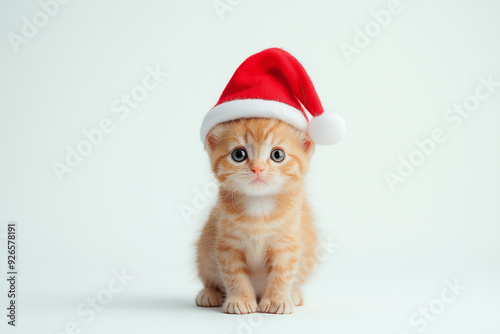 Ginger kitten wearing a Santa hat, sitting against a plain white background, perfectly embodying the holiday spirit and cuteness overload.