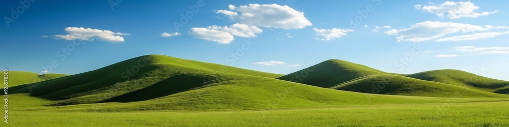 A large, green field with a few hills in the background. The sky is clear and blue, and the sun is shining brightly. The scene is peaceful and serene, with the grass and hills creating a sense of calm A large, green field with a few hills in the background. The sky is clear and blue, and the sun is shining brightly. The scene is peaceful and serene, with the grass and hills creating a sense of calm