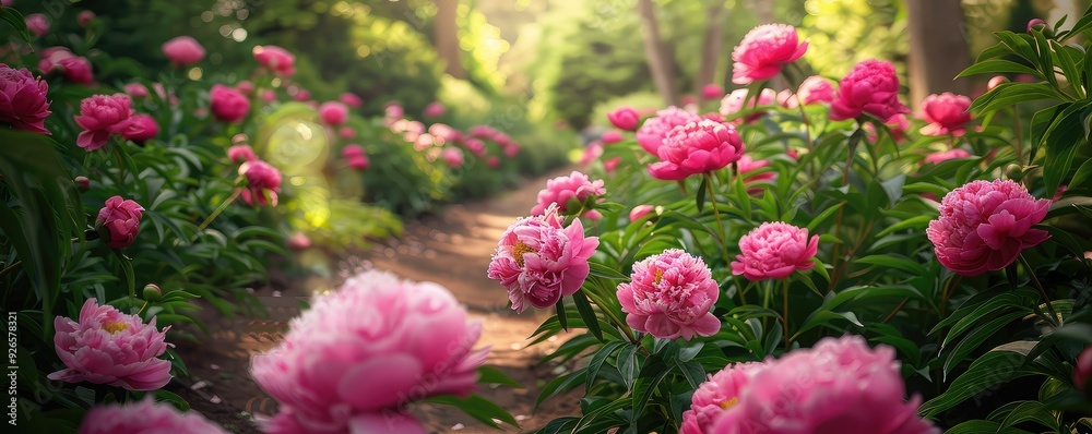 Pink peonies bloom in a lush garden pathway. Pink peonies bloom in a lush garden pathway.