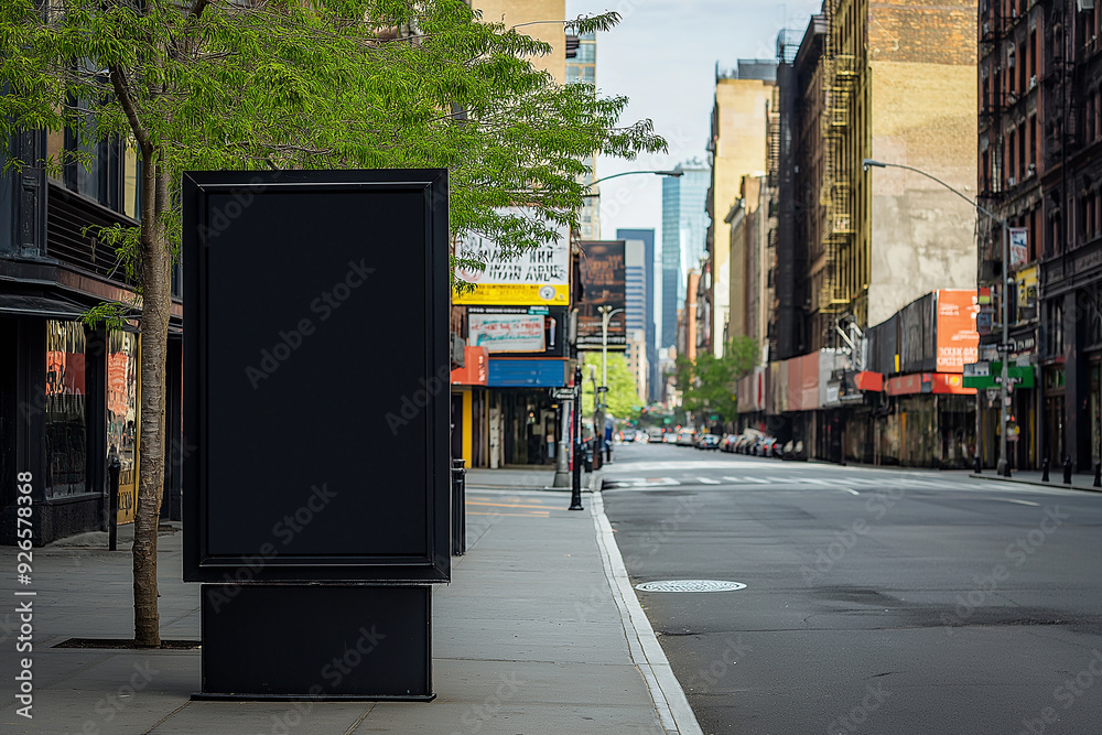 Naklejka premium Urban city street view with a large black empty billboard in the foreground. The background shows a quiet street lined with buildings. Ideal for copy space and advertising mockup purposes.