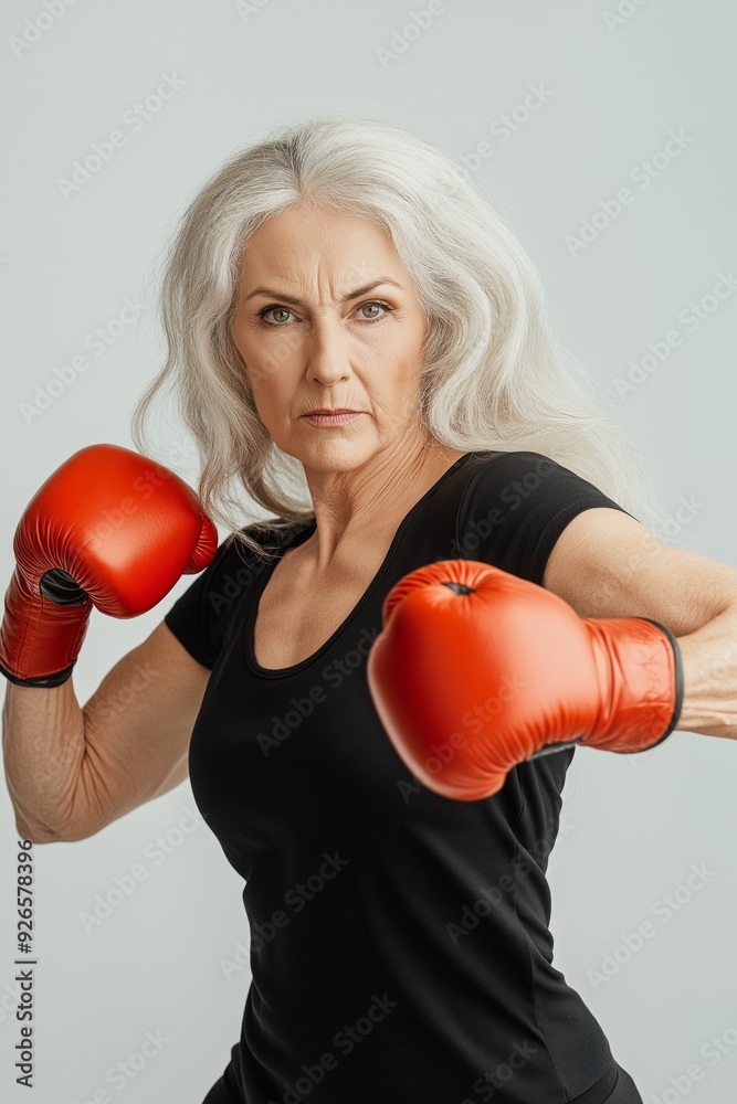 A woman in a black shirt and red boxing gloves. She is posing for a picture. Scene is determined by the woman's expression and the fact that she is boxing A woman in a black shirt and red boxing gloves. She is posing for a picture. Scene is determined by the woman's expression and the fact that she is boxing