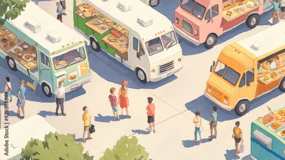 A vibrant food truck gathering with diverse offerings, showcasing people enjoying delicious street food in a lively outdoor setting. watercolor Style. A vibrant food truck gathering with diverse offerings, showcasing people enjoying delicious street food in a lively outdoor setting. watercolor Style.