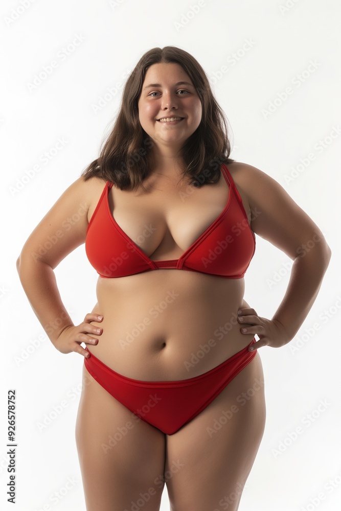 A young woman in red swimwear smiles confidently against a white background. A young woman in red swimwear smiles confidently against a white background.