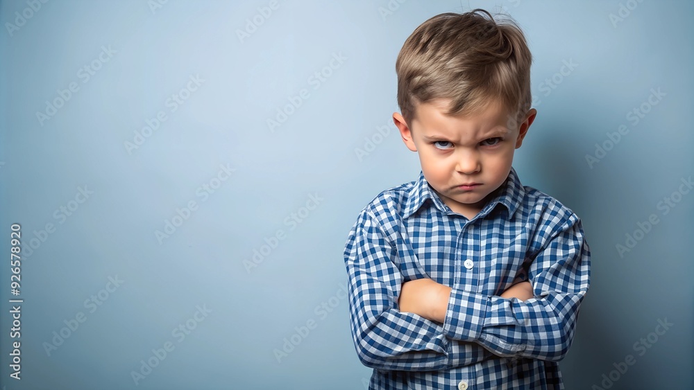 An angry little boy stands with a furious expression, arms crossed. The background is plain, providing ample space for copy text An angry little boy stands with a furious expression, arms crossed. The background is plain, providing ample space for copy text