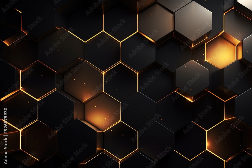 Abstract black hexagonal pattern with glowing edges. Abstract black hexagonal pattern with glowing edges.