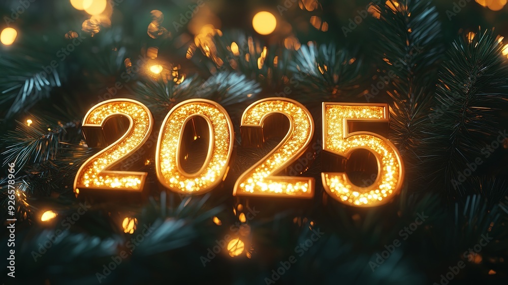 Golden 2025 Year Numerals on Christmas Tree Golden 2025 Year Numerals on Christmas Tree