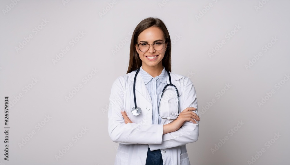 Cheerful young female doctor with a confident smile standing in a white studio background. Cheerful young female doctor with a confident smile standing in a white studio background.