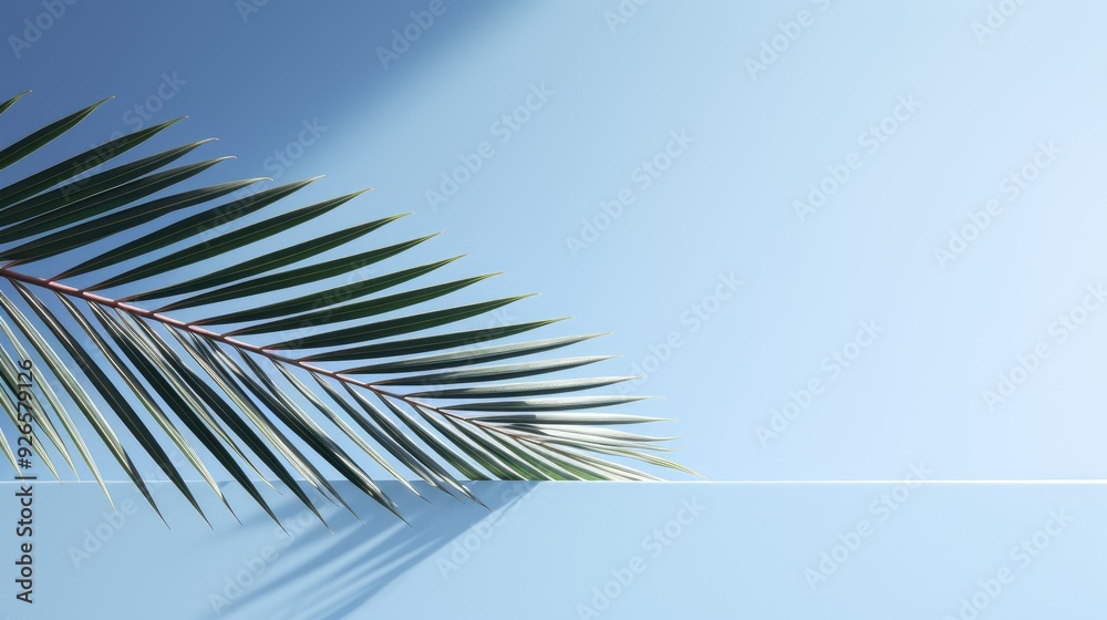 Fototapeta premium A minimalist image featuring a palm leaf against a blue background.
