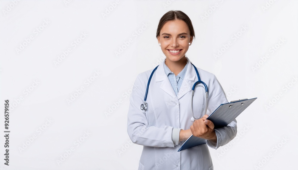 Cheerful young female doctor with a confident smile standing in a white studio background. Cheerful young female doctor with a confident smile standing in a white studio background.