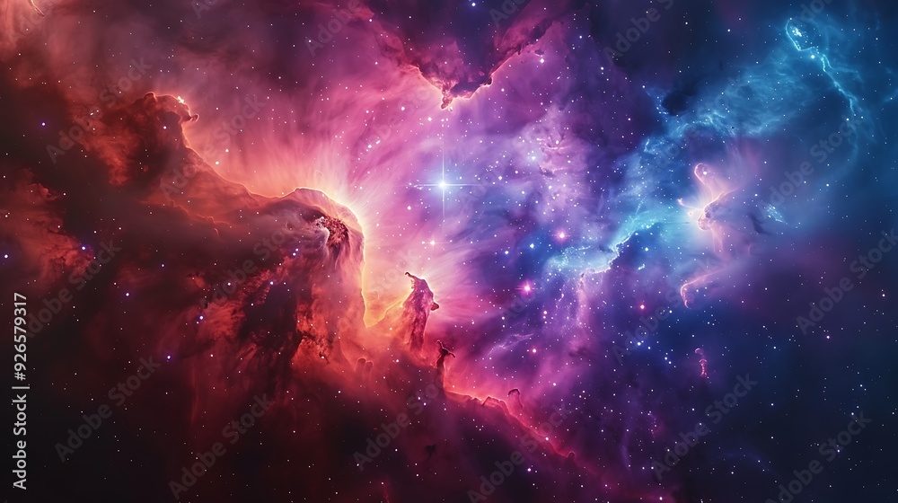 Obraz premium A majestic interstellar cloud filled with gas and dust, stars forming within, light filtering through the cosmic fog, vibrant hues of pink and blue, viewed from a distant star system,