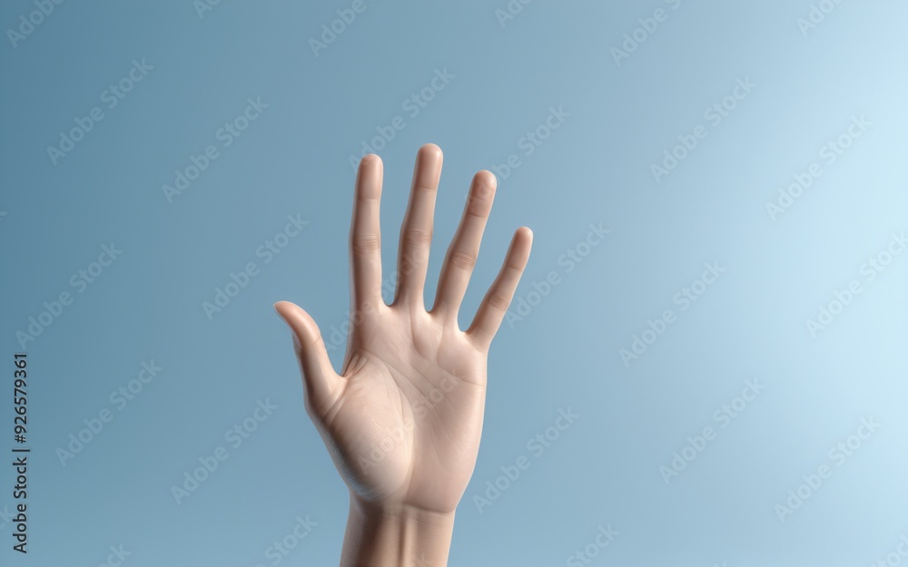 A human hand, fingers outstretched, reaching for an unseen object, on a pale blue. A human hand, fingers outstretched, reaching for an unseen object, on a pale blue.