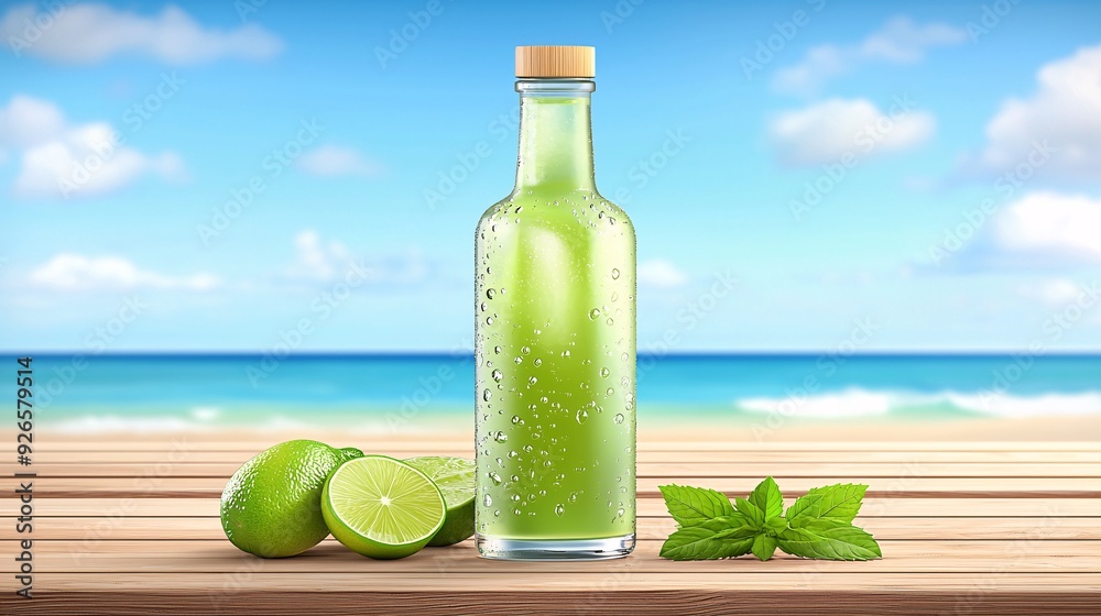 Refreshing mojito cocktail with ice lime and mint in a tropical beach setting bursting wit Refreshing mojito cocktail with ice lime and mint in a tropical beach setting bursting wit