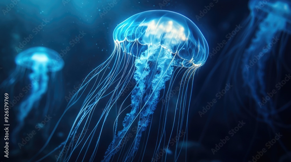 Glowing jellyfish with long, flowing tendrils float effortlessly in the dark abyss, casting a surreal glow that illuminates the surrounding water. A serene yet haunting underwater view. Glowing jellyfish with long, flowing tendrils float effortlessly in the dark abyss, casting a surreal glow that illuminates the surrounding water. A serene yet haunting underwater view.